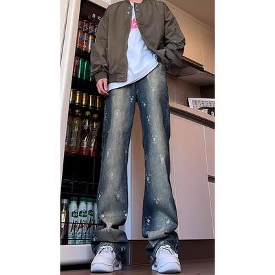High Street Denim Pants For Men, Retro Distressed, Loose Straight Leg Pants, Wide Leg Sports Pants, Trendy