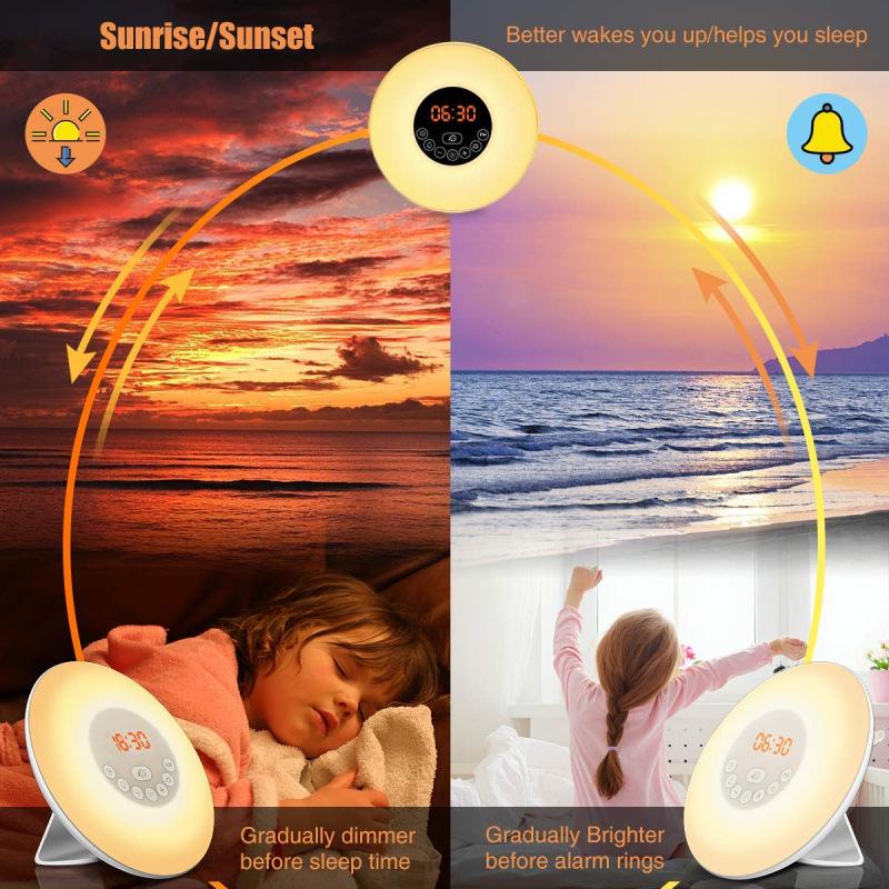 Creative Sunrise Alarm Clock with Music, Seven-Color LED, Sunset Hypnosis, FM Radio, and Night Light