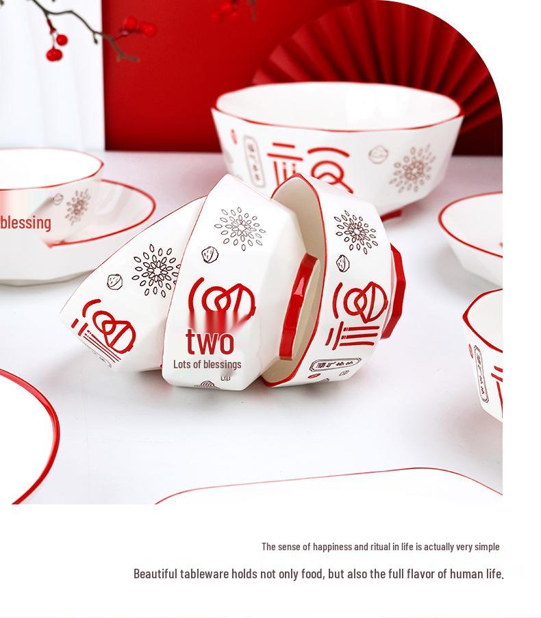 Good Fortune 39-Piece Ceramic Chinese Wedding Bowl & Plate Gift Set