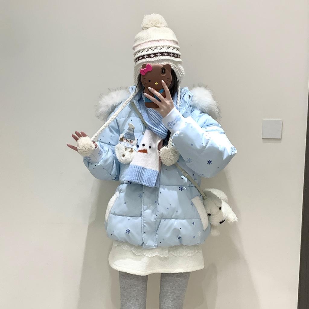 Women's big fur collar hooded cotton clothes, winter snowflake print cute wind loose short warm cotton-padded clothes