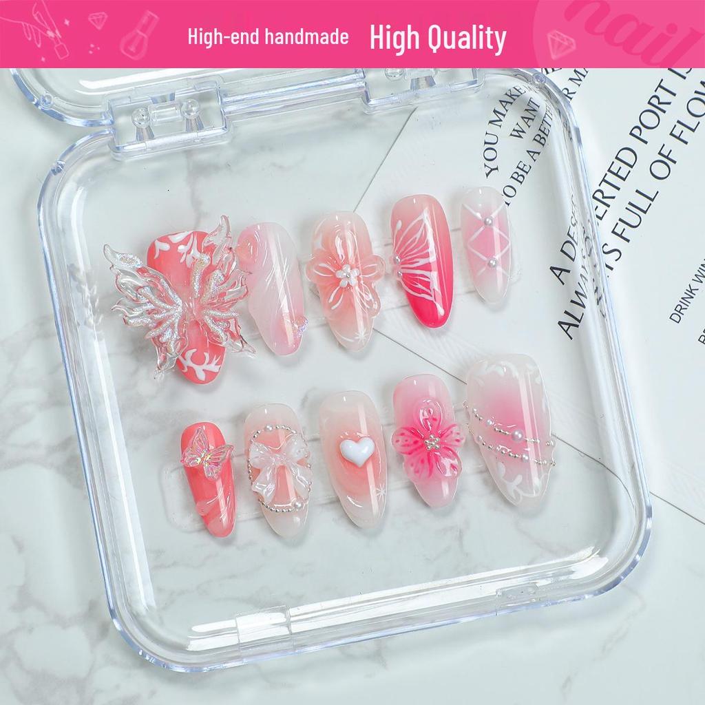 3D Bow Gradient & Blush Flower Almond Press-on Nails
