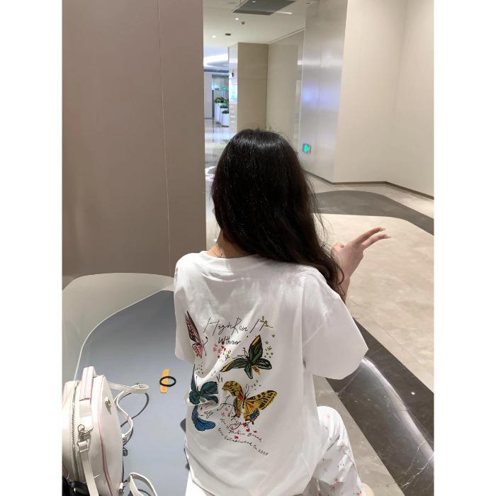 

Retro butterfly print short-sleeved t-shirt women s summer 2025 new loose cotton commuter half-sleeved top with trendy S