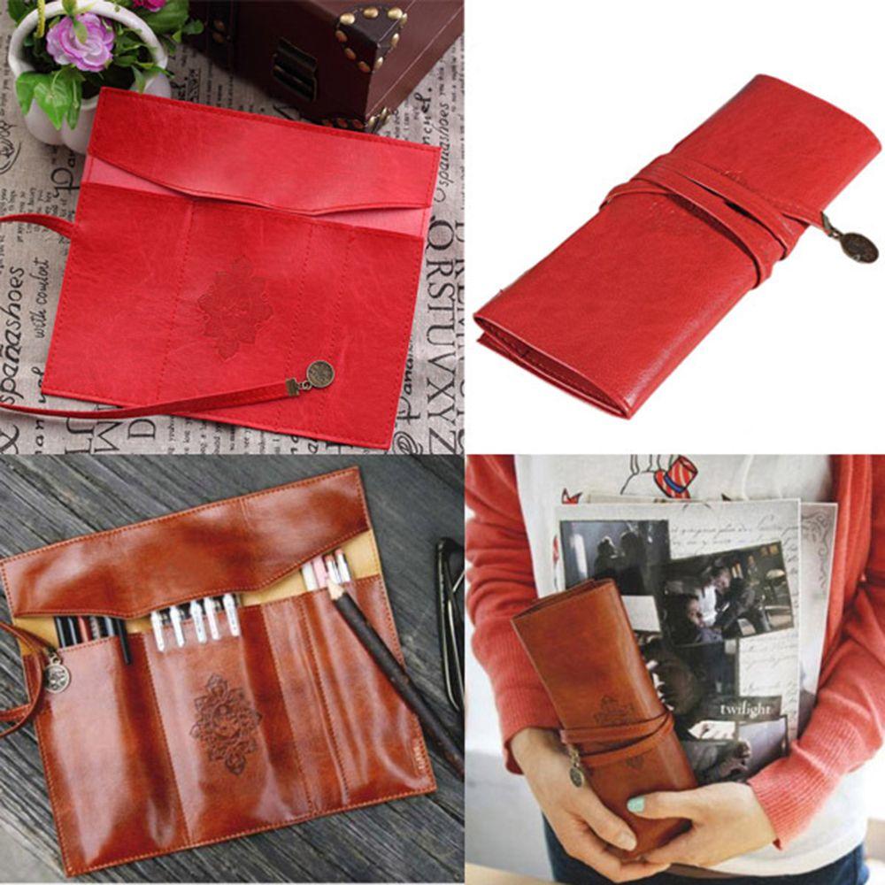 Girls Retro Stationery PU Leather Roll Pencil Bags Cosmetic Bag Roll Pen Bag Vintage Pencil Case