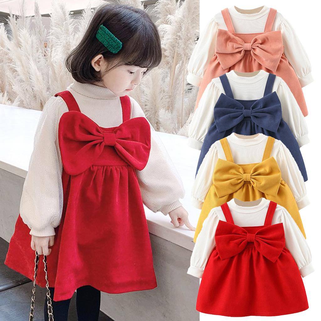 Toddler Baby Kids Girls Solid T-shirt Tops Princess Dress Set Casual Clothes