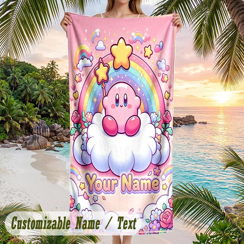 Kirby Beach Towel, Personalized Custom Text, Quick Dry Soft Large Towel For Swimming Pool Travel