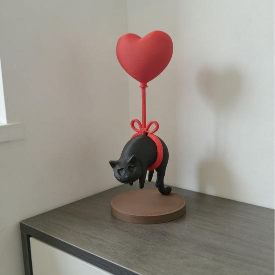 Cute Cat with Red Heart Balloon Figurine 3D Printed Romantic Love Heart Kitten Statue for Desk Shelf Decor Gifts for Cat Lovers