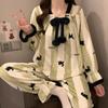 Women Flannel Pajama Set Winter Thick Warm Square Neck Long Sleeve Princess Style Bow Butterfly Casual Loungewear Home Sleepwear
