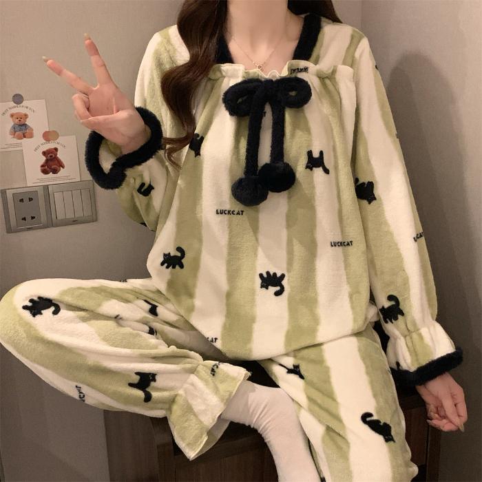 Women Flannel Pajama Set Winter Thick Warm Square Neck Long Sleeve Princess Style Bow Butterfly Casual Loungewear Home Sleepwear