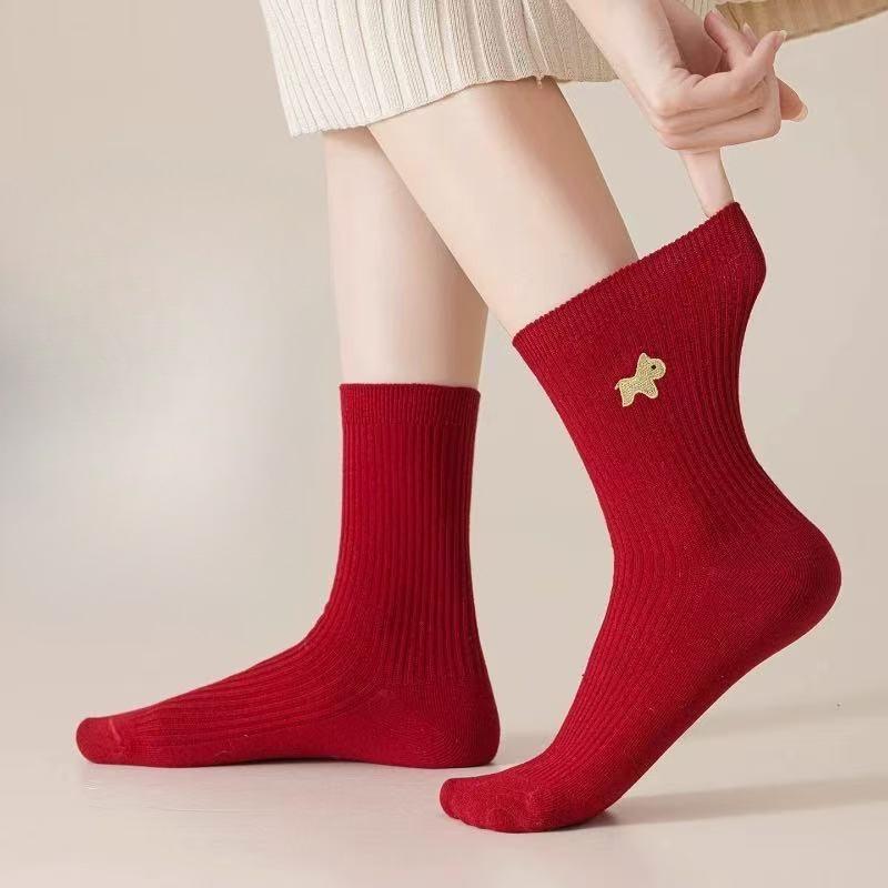 Bright Red Men's and Women's Pure Cotton Double-needle Mid-calf Socks, New Year Autumn and Winter Pile Socks