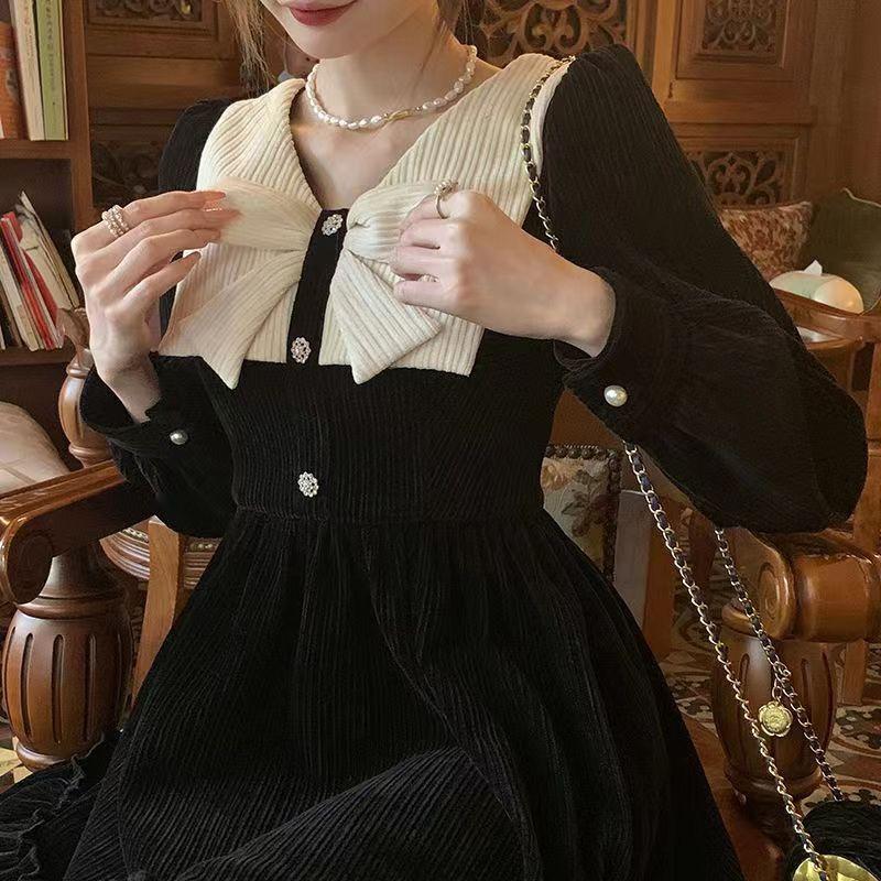 French Retro Bow Dress Niche New Autumn and Winter Short Black Bottoming Fashion Skirt
