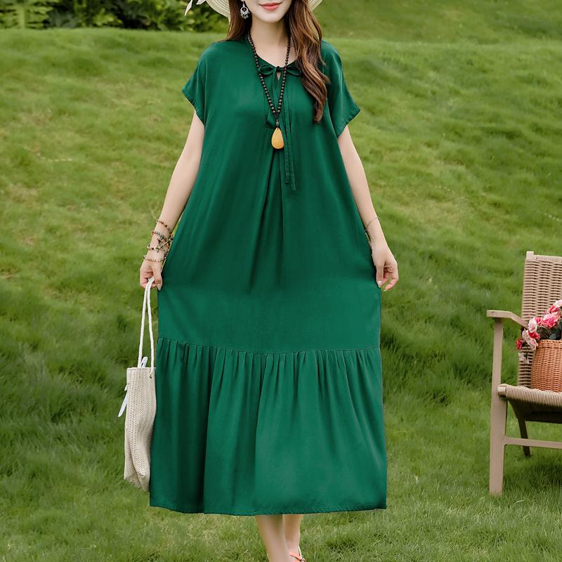Vintage Print Loose Dresses for Women Plus Size Casual Short Sleeve Long Dress Summer Middle-aged Women's Clothing