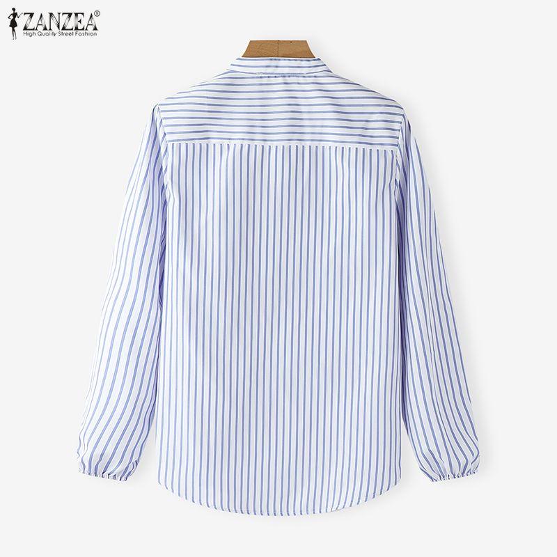 ZANZEA Women Casual Round Neck Long Sleeve Stripe Blouse