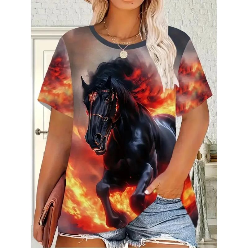 Fierce Horse Short Sleeve Fashion Women's Crew Neck Short Sleeve 3D Fierce Horse Caiying Crew Neck T-shirt Tops Daily Wear