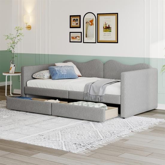 Fabric Cover Upholstered Bed with 2 Drawers Headboard Backrest Armrests Strong Wood Slat Support Bed Home Furniture