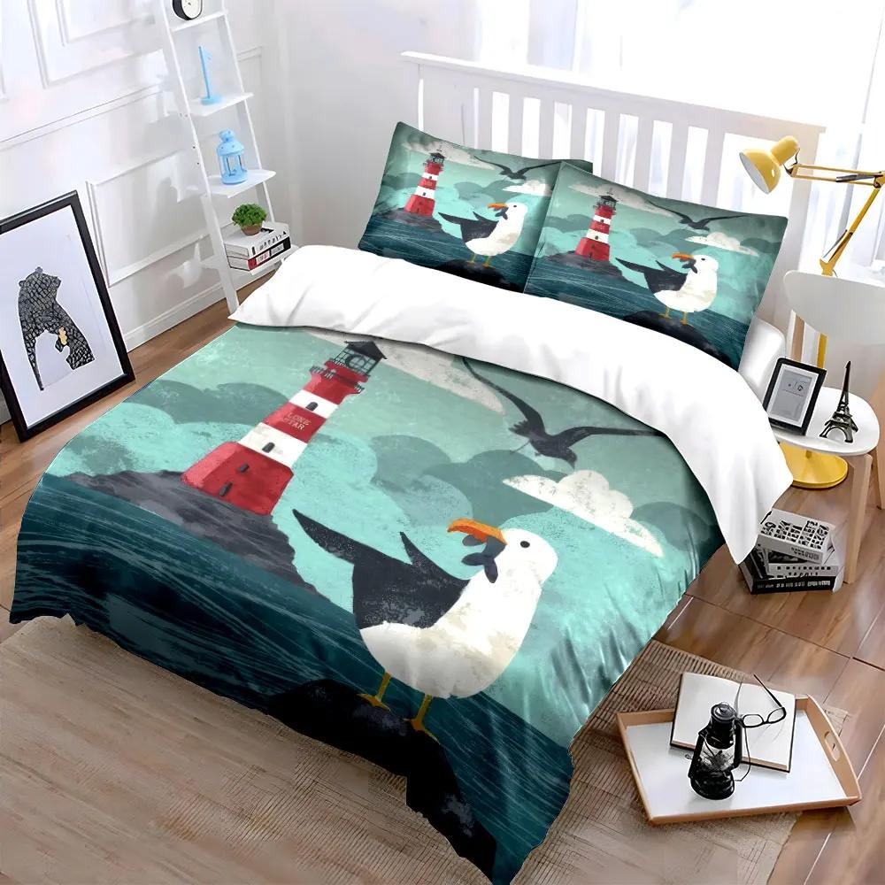 """Leuchtturm Möwe Ozean Dekorations-Set"" Weiches Bequemes Bettwäsche-Set Bettbezug Enthalten 1*Bettbezug & 2*Kissenbezüge Geschenk"""