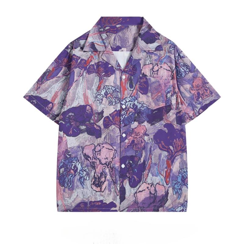 Retro Printed Women's Short Sleeved Shirts Single Breasted Shirt with Pocket Loose Medium Length Versatile Lapel Blouses