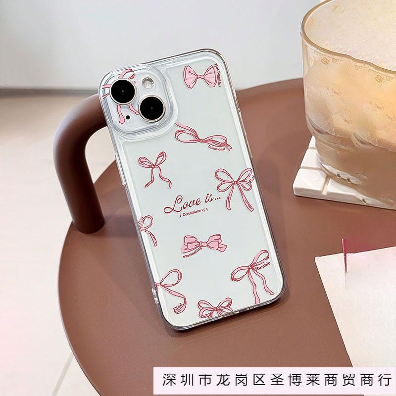 Pink bow iPhone15 mobile phone case 13Pro Apple 14 transparent TPU soft case 12 women's 11 new 16PM