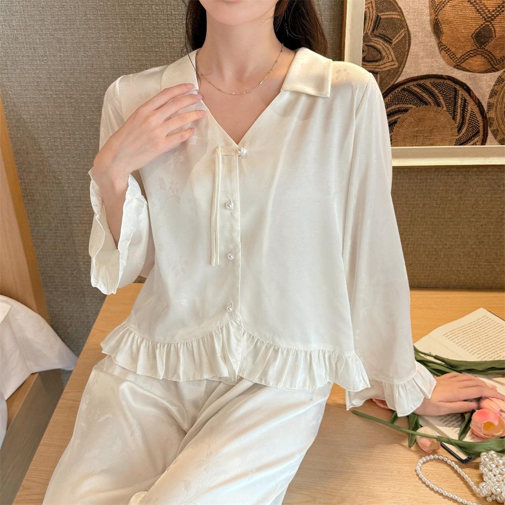 Ice silk pajamas women's spring and autumn new long-sleeved trousers two-piece set of national style casual cardigan loungewear