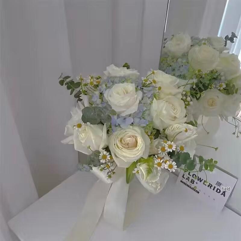 European Style Bridal Bouquet with Small Roses - Pink & White