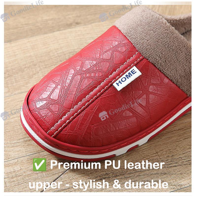 New Winter Couple Slippers  PU Leather Indoor Anti Slip Warm House Shoes