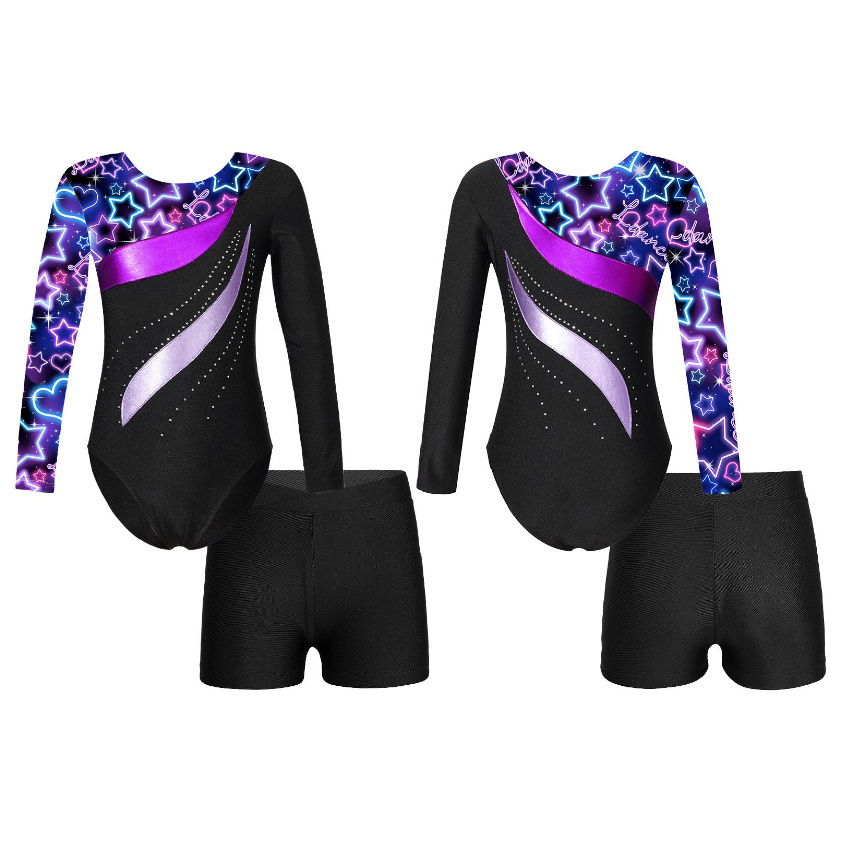 IEFiEL Kinderen meisjes lange mouw ronde hals glanzende strass decor turnpakje met shorts voor dans gymnastiektraining 13-14 Years