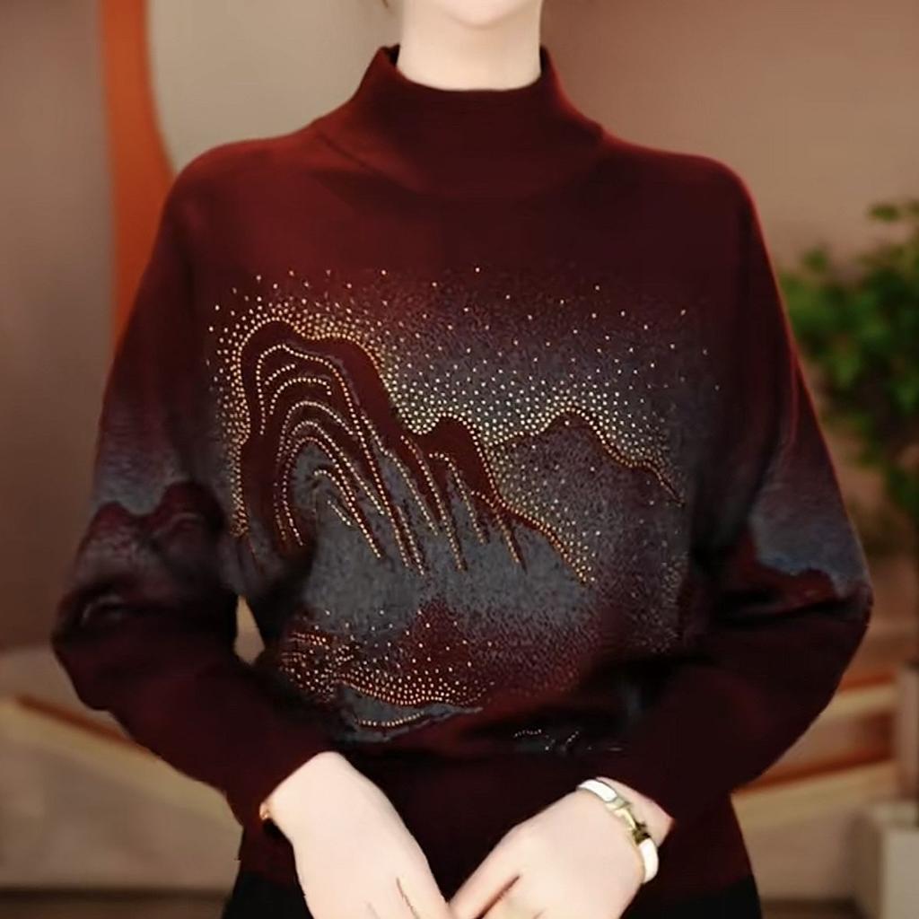Women's Print Sweater Long Sleeve Rhinestone Stand Collar Sweater Autumn/Winter Soft Skin-Friendly Stretchy Knit Top