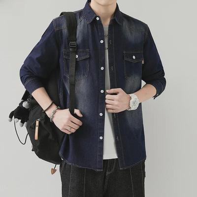 Men's Korean Slim Denim Shirt - Long-Sleeved, Lapel, Retro Style for Spring & Autumn