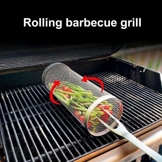Stainless Steel BBQ Grill Basket with Wooden Handle Rolling Cage for Even Cooking Vegetables Seafood Meat Camping Barbecue Tool