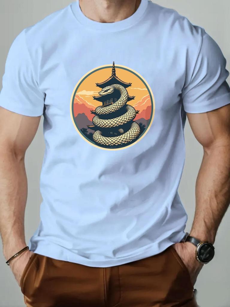 Men's T-Shirt 100% Cotton Cartoon Animal Snake Print Summer Oversized Round Neck Breathable Casual Short Sleeve Fashion T Shirt