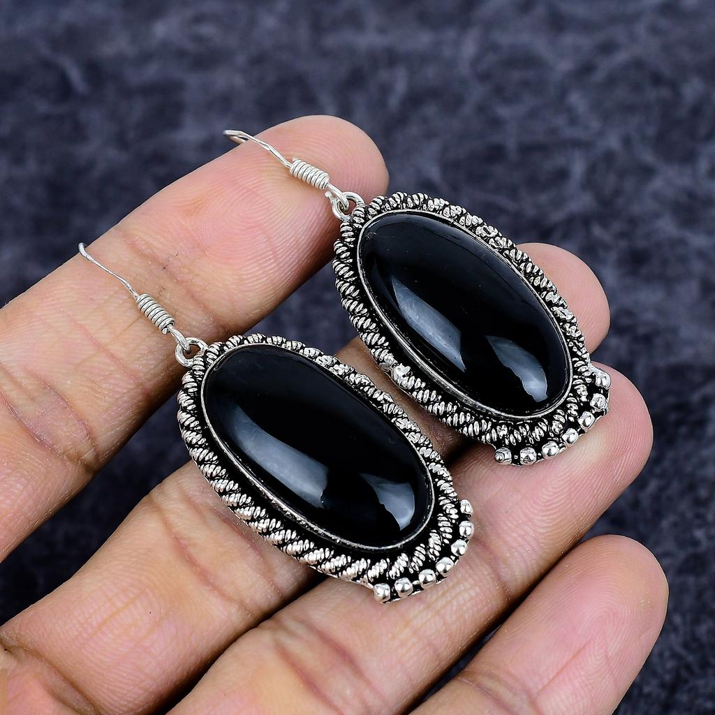 Black Onyx Gemstone Handmade 925 Sterling Silver Jewelry Earring 2.36" M-3543