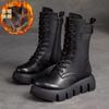Women Leather Boots 2026 Winter Short Plush Mid-heel Snow Boots Lace Up Warm Platform Ankle Boots Women Shoes Botas Mujer