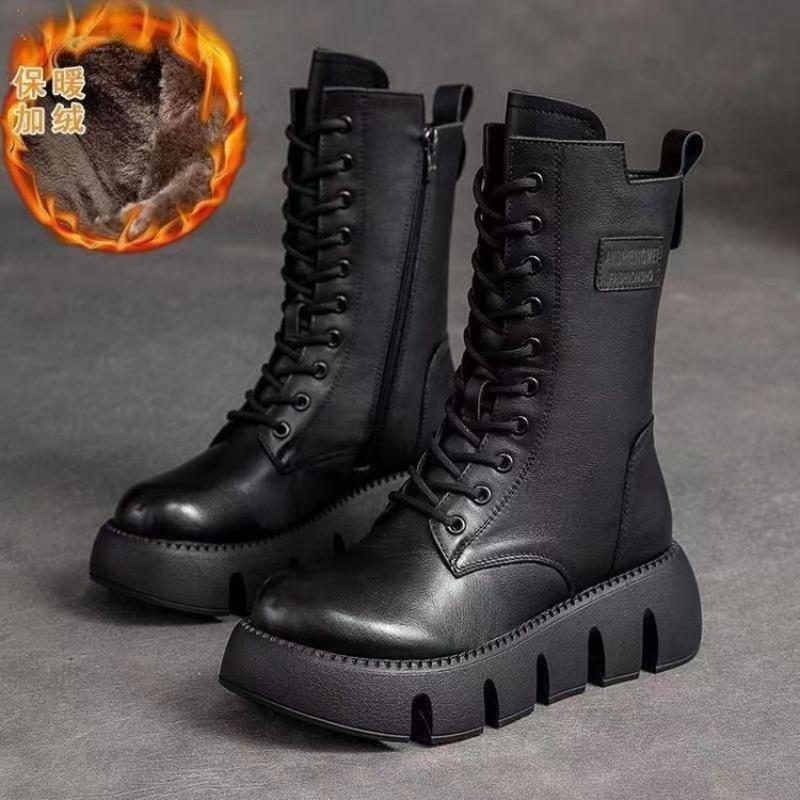 Women Leather Boots 2026 Winter Short Plush Mid-heel Snow Boots Lace Up Warm Platform Ankle Boots Women Shoes Botas Mujer