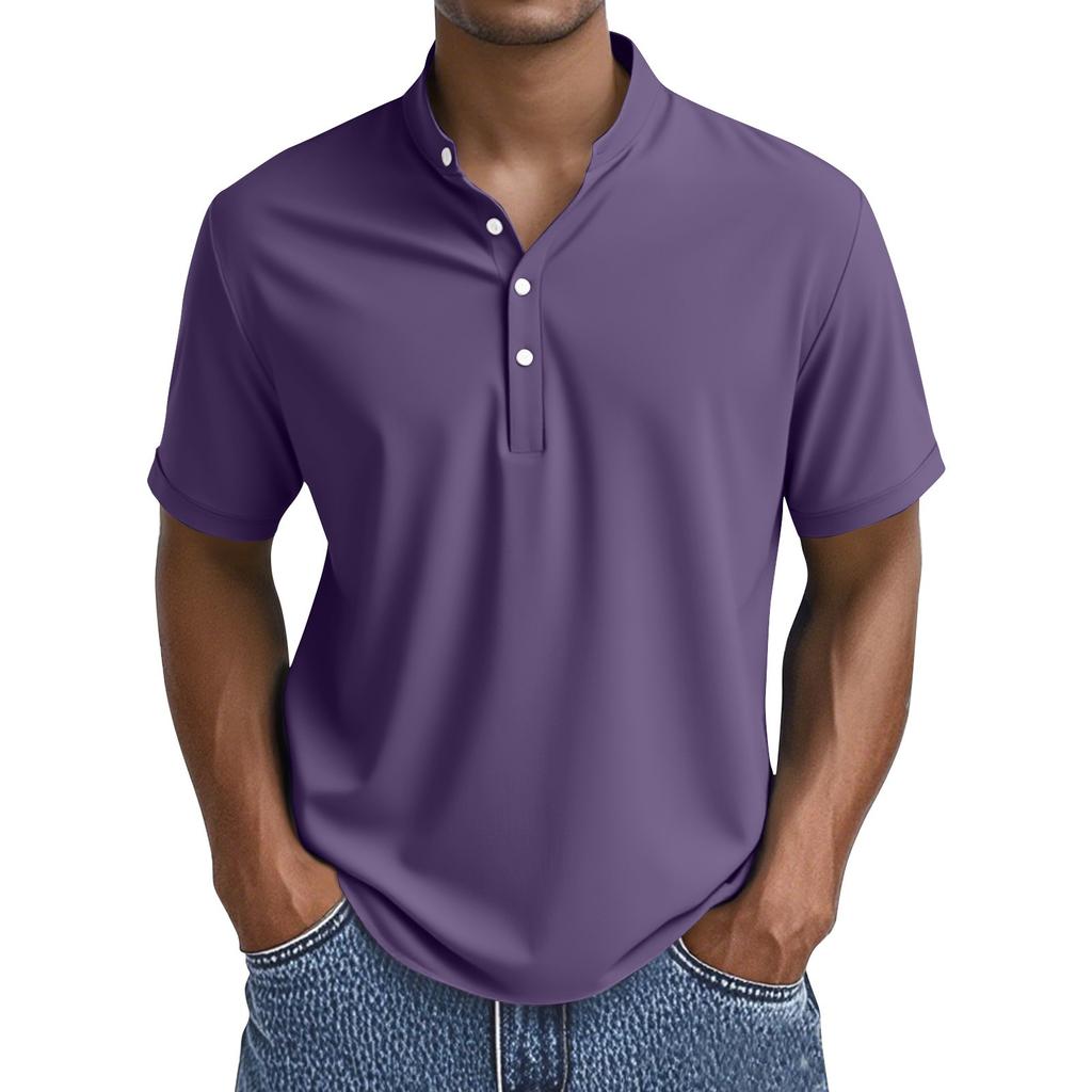 Men's Summer Solid Color Button Collar Short Sleeve Tops Men's Casual Loose Fashion Tops