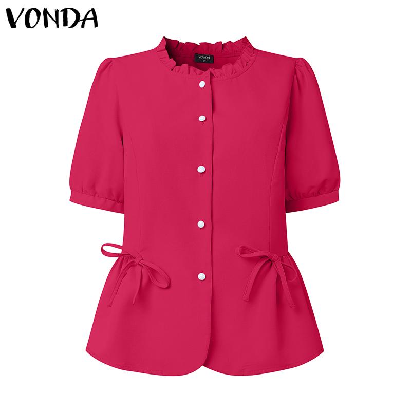 

VONDA Women Elegant Ruffled Neck Puff Sleeve Buttons Solid Casual Blouse 5XL темно-розовый