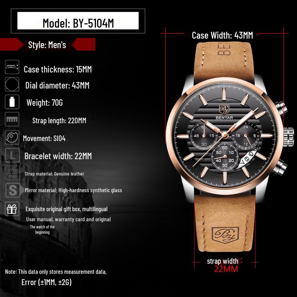 Binyan Men's Multifunction Quartz Watch - Fashion Leather with Calendar 5104