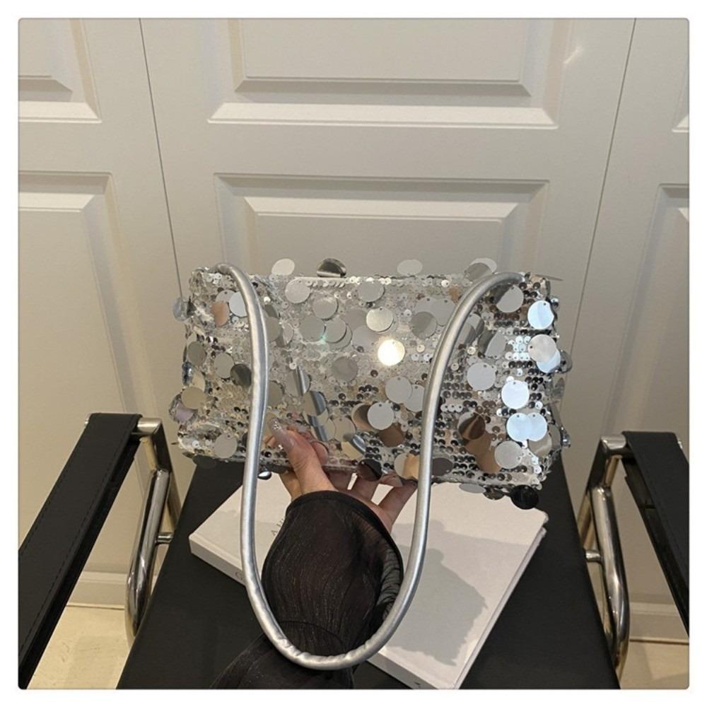 Portable Large Capacity Shoulder Bag Shiny Sequins Multifunctional Women's Handbag with Zipper Solid Color Underarm Bag Dinners