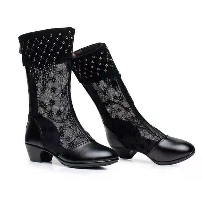 Sexy Lace Mesh Breathable Rhinestone Boots Women's Thick Heel Mid Boots