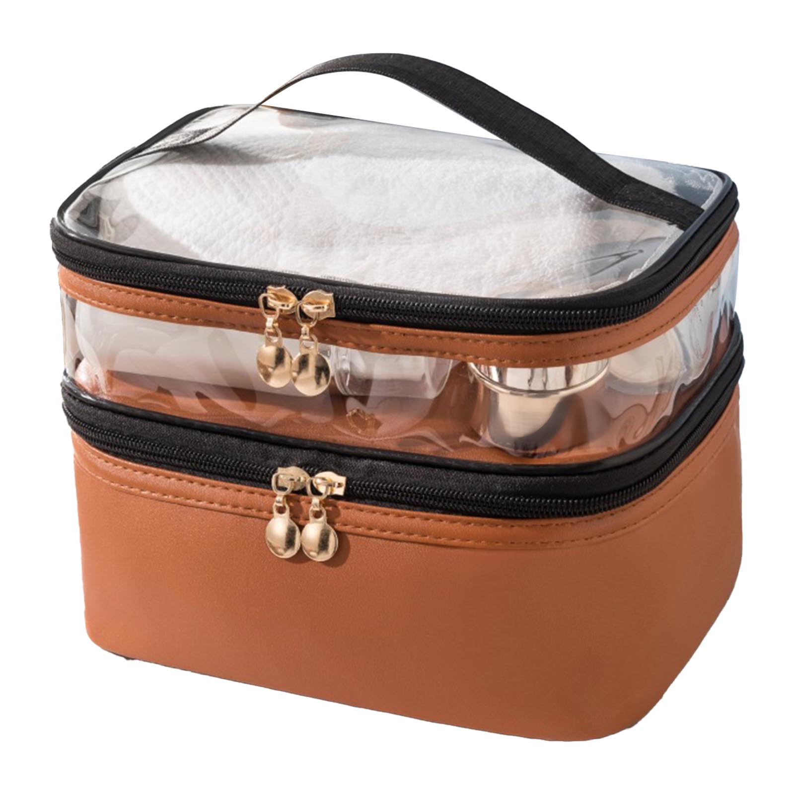 

Двухслойная косметичка с гладкими молниями, удобной ручкой, водонепроницаемая, герметичная, дорожная коричневый