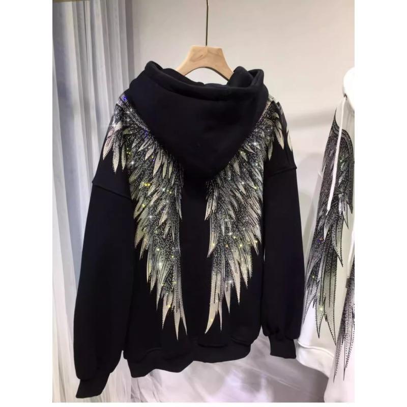 

Плюс размер женская горячая Diamond Light Luxury толстовка с капюшоном спереди и сзади с крыльями плюс флисовая толстовка 4XL чёрный