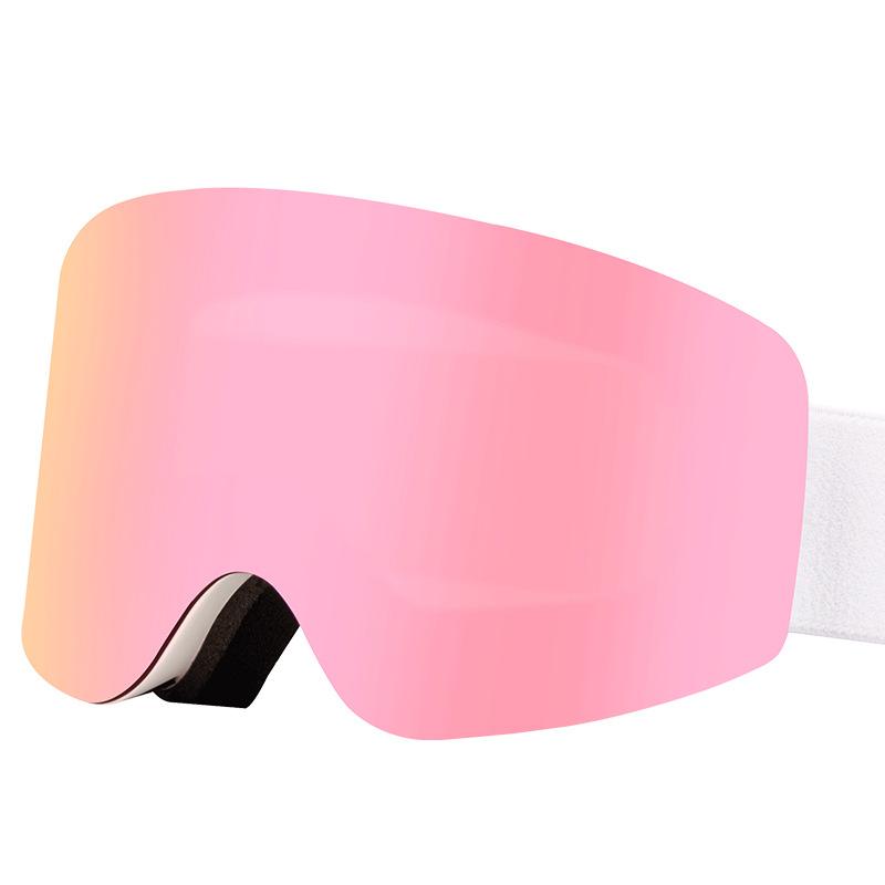 New cylindrical magnetic ski goggles, double-layer anti-fog magnetic ski goggles, snow protection goggles, mountaineering goggles White framed pink tablet