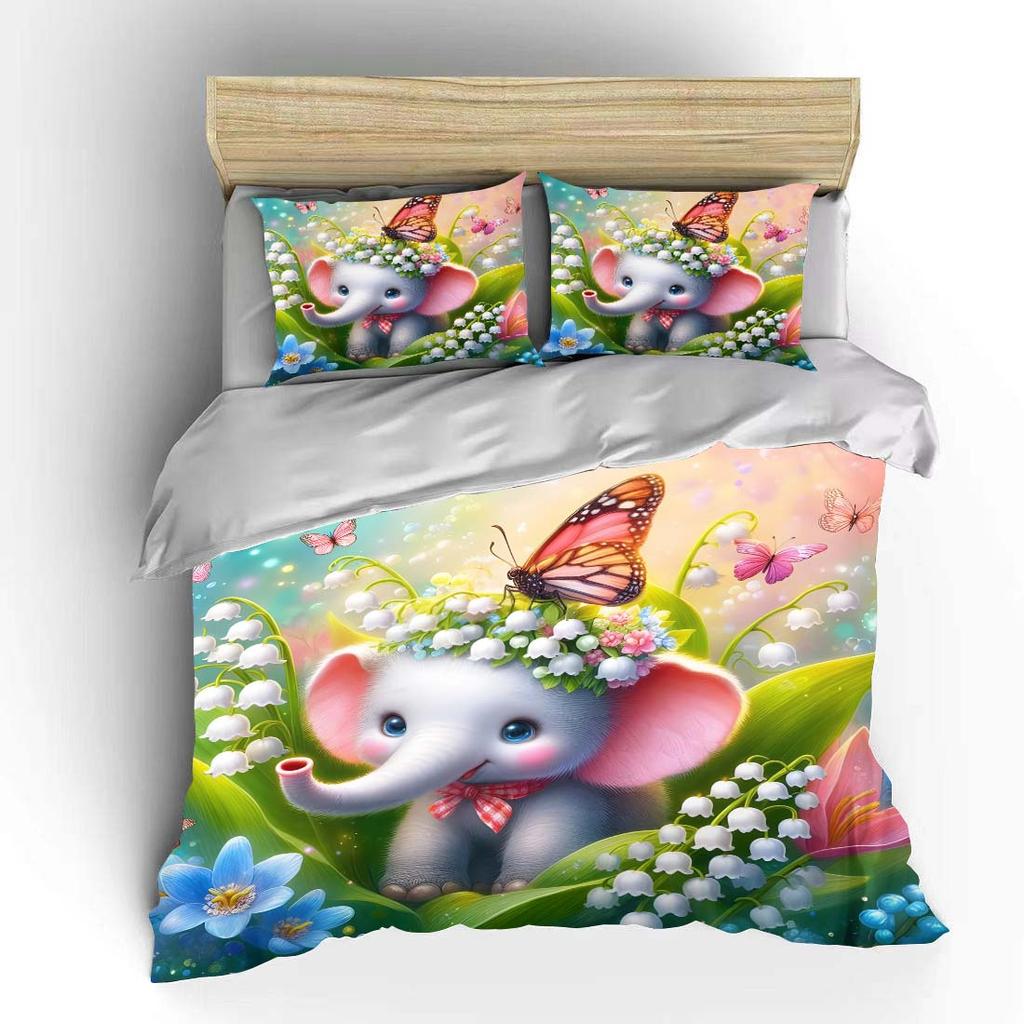Cute Elephant With Butterfly Wreath Print Bedding Set 1 Duvet Cover 2 Pillowcases For Adult And Children Luxury Gift Full Size