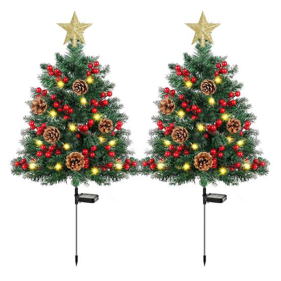 23 Inch Lighted Artificial Christmas Urn Filler Pre-lit Xmas Pine Tree with Cones Red Berries Tripod Stake And LED Light Outdoor Porch Planter Filler