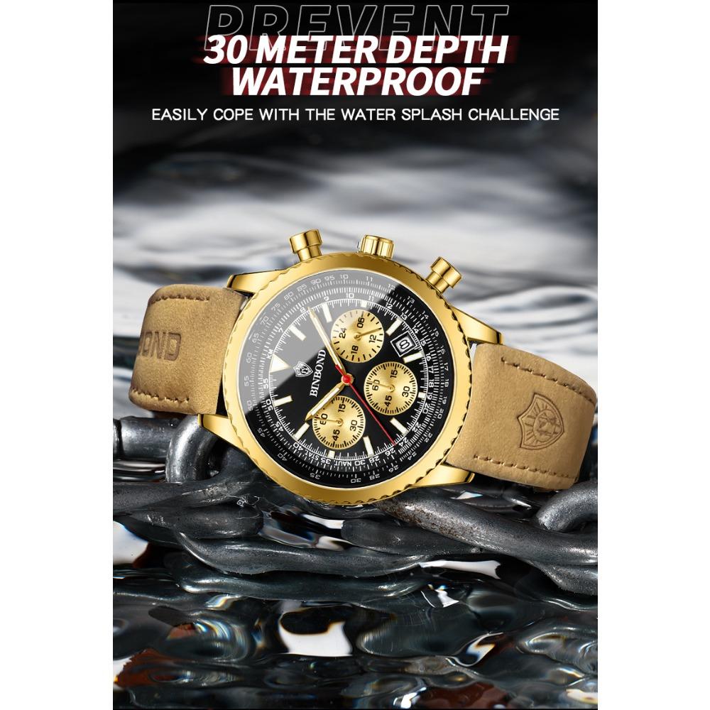 BINBOND Top Brand Man Quartz Watch Waterproof Luminous Date Chronograph Leather Wristwatch Military Sports Luxury Men's Watches