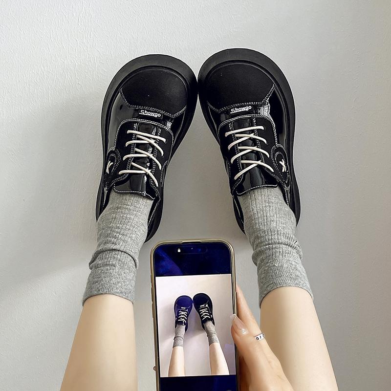 Stylish Single Boots Autumn New Round Toe Spliced Front Lace-Up Platform Anti-Slip Wear-Resistant Short Shoe