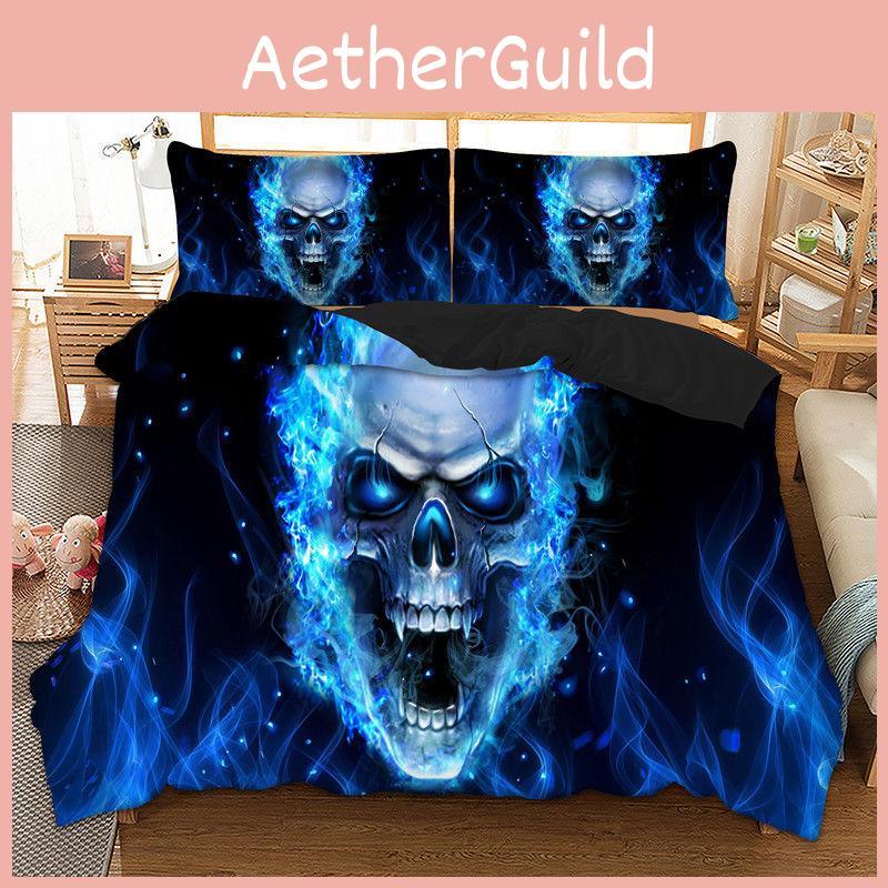 Unique 3d Blue Fire Skull Duvet Cover Pillow Cases Quilt Cover Bedding Set Perfect For Gifting