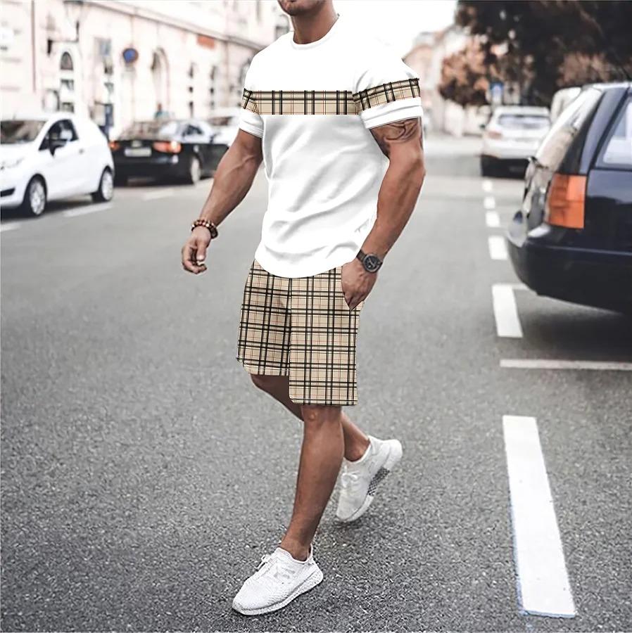 Summer Men's Set Print Solid Color Men Round Neck T-Shirt Shorts Two Piece Set Casual Man Suits Clothing