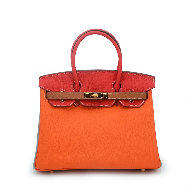 Togo High-end Lychee Pattern, Classic First-layer Cowhide Leather Women's Bag Splicing Handbag Women's Spot