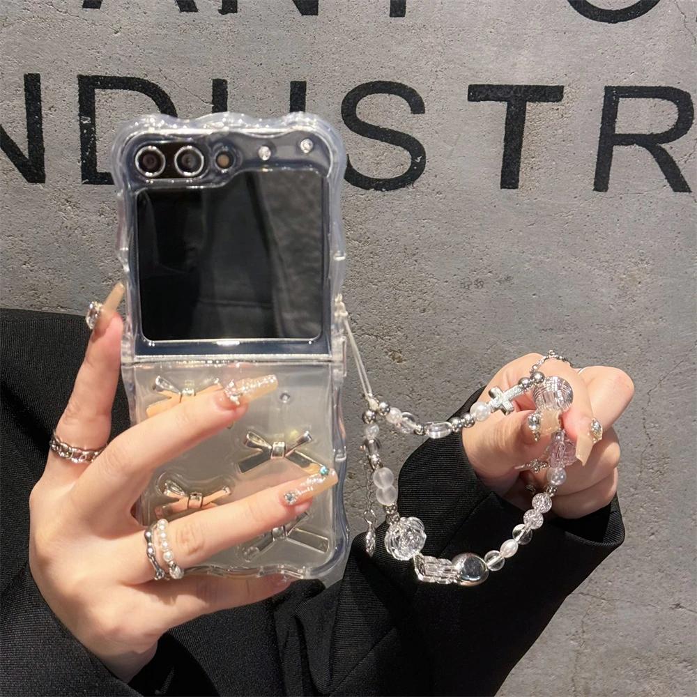 Korean 3D Bowknot Glitter Phone Case For Samsung Galaxy Flip 7/6 Girl Clear Cover Silver Foil Epoxy Shell For Z Flip5 Flip 4/3