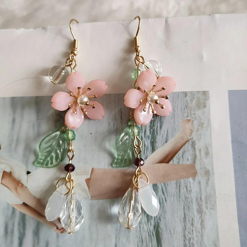 Exquisite Spring Pink Flower Dangle Earrings for Women, Fairy Charms Floral Leaf Earrings Summer Holiday Pendants Earrings Gifts