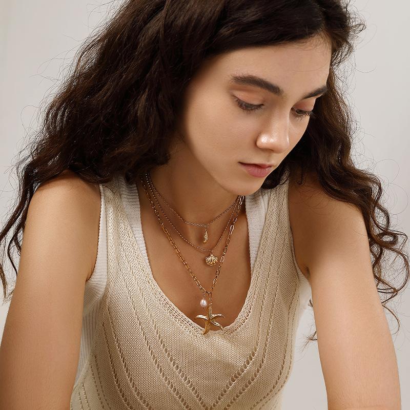 Three Layer Pearl Starfish Pendant Necklace Vintage Shell Spiral Necklace Women Jewelry